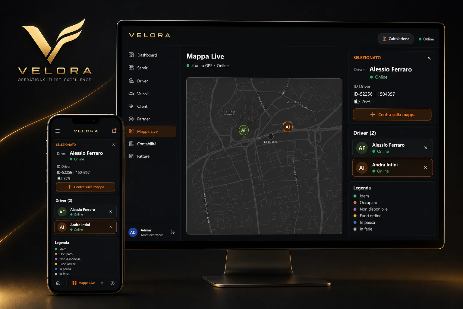 Velora — Dashboard operativa con mappa GPS live e gestione driver